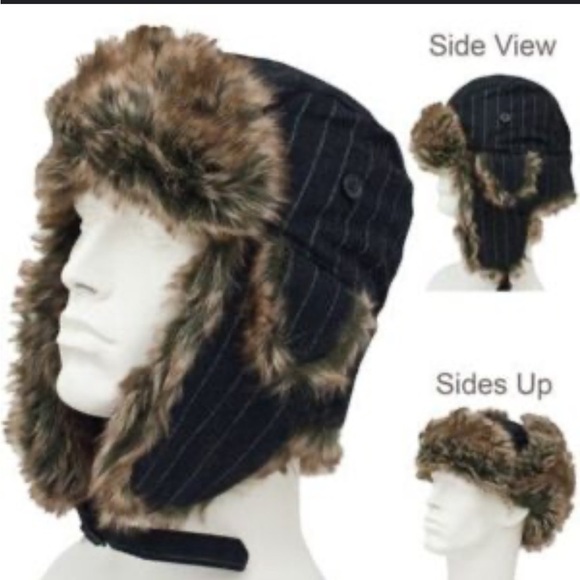 Trappers Hat Wool Pinstripe Fur Trappers Hat Size 2XL-3XL Black - Picture 7 of 7